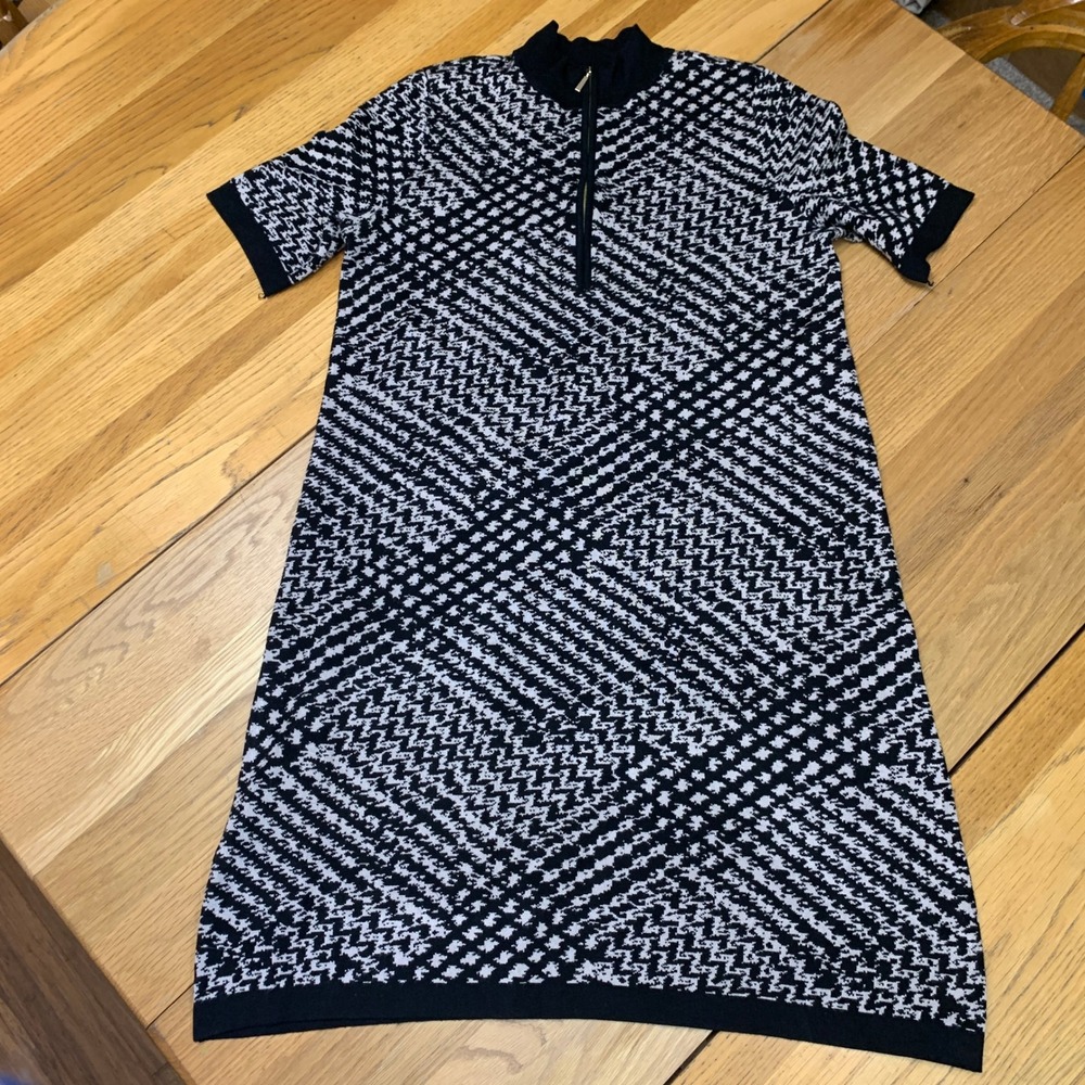 Calvin Klein Womens Black White Houndstooth Quarter Zip Sweater Dress Medium‎